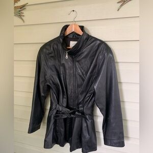 Jacqueline Ferrar vintage black leather jacket 90s lambskin belted coat sz 1X